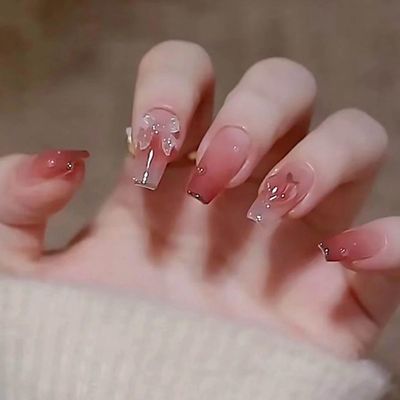 Hkanlre Pink Butterfly Press on Nails Cute Coffin Medium Fake Nails Tips Full Cover Gradient False Nails for Women and Girls 24PCS
