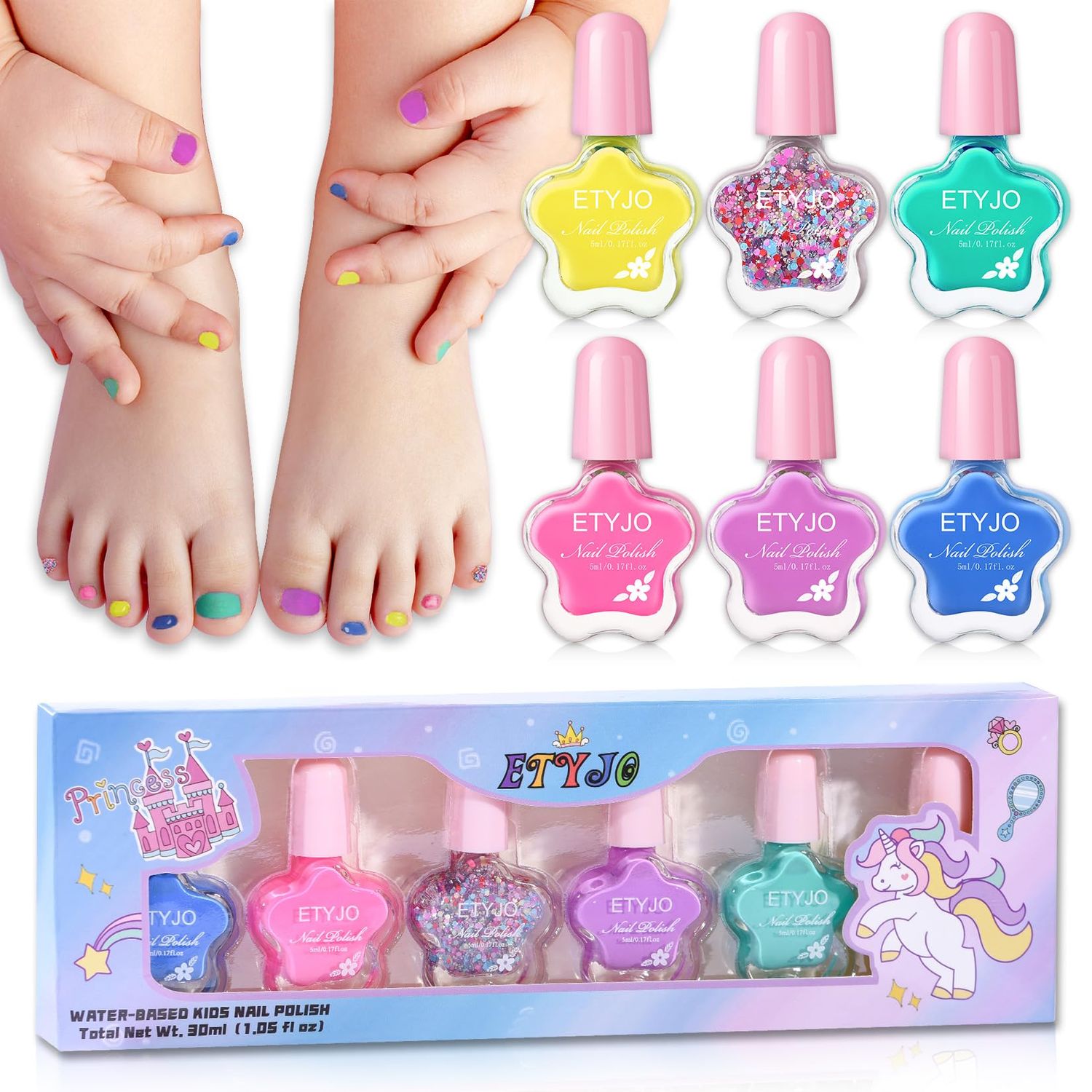ETYJO Kids Nail Polish Set - Non-Toxic, Quick Dry Peel Off Nail Polish, 6 Rainbow Colors for Girls Age 3