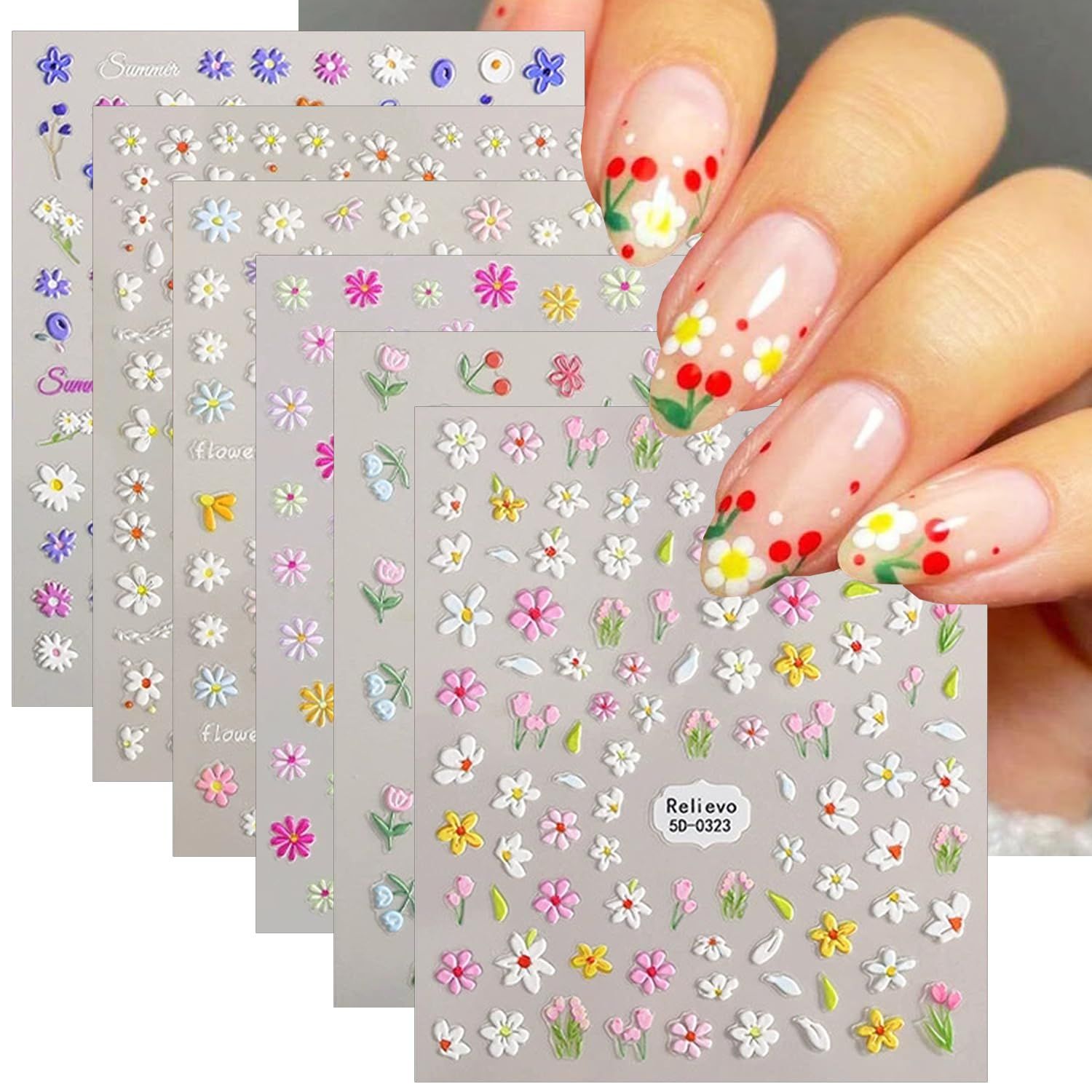 6 Sheets Daisy Nail Art Stickers Flower Nail Stickers 5D Relief Pink White Floral Nails Decals Self-Adhesive Design Flowers Sticker Acrylic Nail Art Supplies for Women Girls