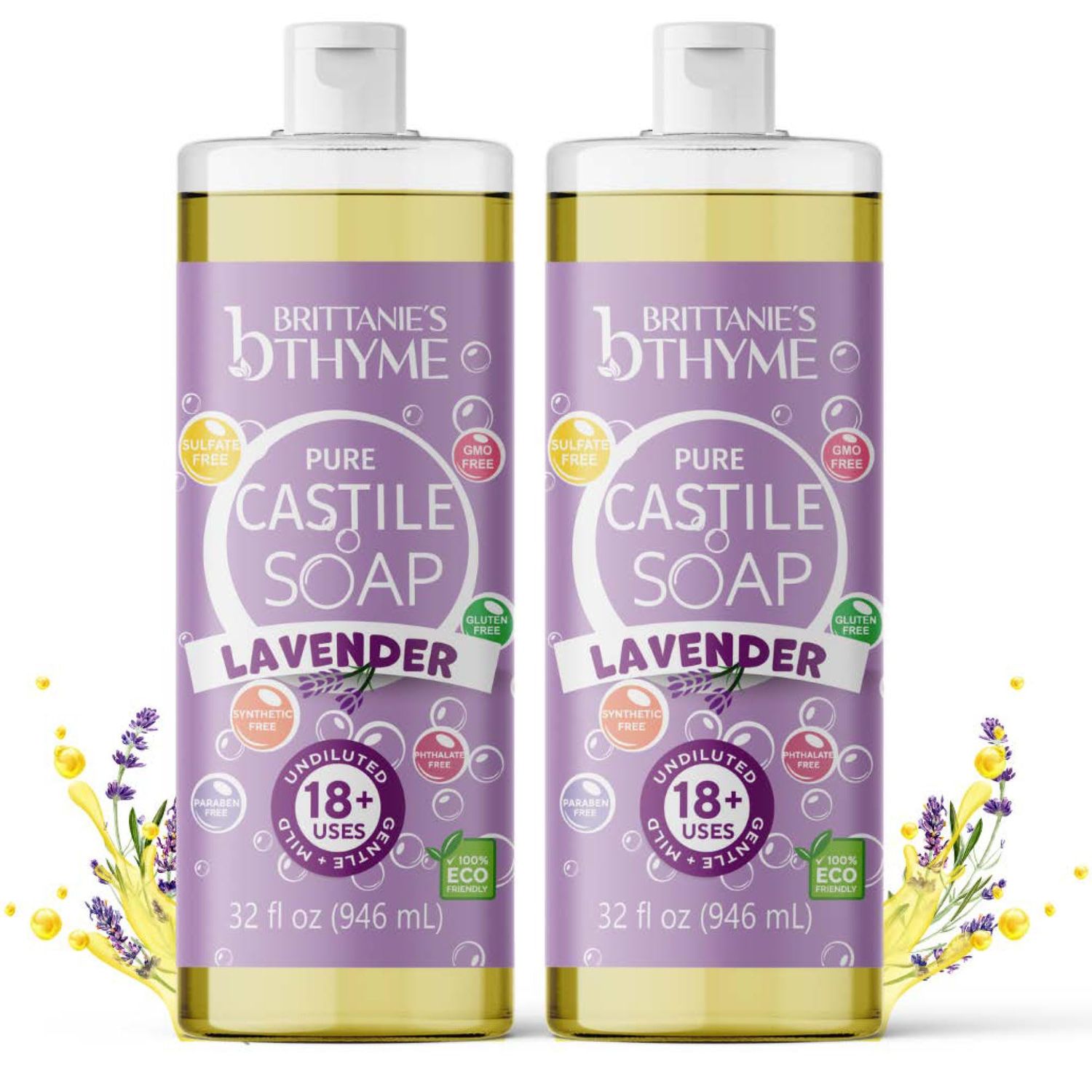 Brittanies Pure Castile Liquid Soap Refill, Lavender, 32 Ounce 2 Pack | Dish Soap, Hair &amp; Body, Home, Gentle and Pure, Made with Natural Luxurious Oils, Vegan &amp; Gluten Free Non-GMO