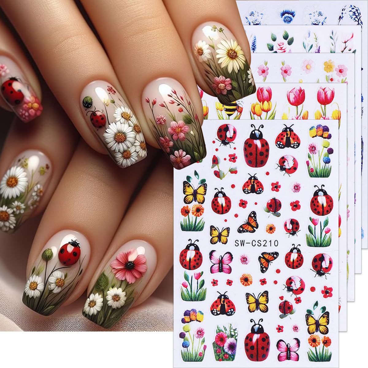 Spring Nail Art Stickers Decals Ladybug Butterfly Nail Stickers 3D Self-Adhesive Tulip Five Petal Flower Plant Bee Design Cute Nail Decals Colorful Floral Stickers for Women Nail Art Decorations 5PCS