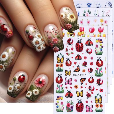 Spring Nail Art Stickers Decals Ladybug Butterfly Nail Stickers 3D Self-Adhesive Tulip Five Petal Flower Plant Bee Design Cute Nail Decals Colorful Floral Stickers for Women Nail Art Decorations 5PCS