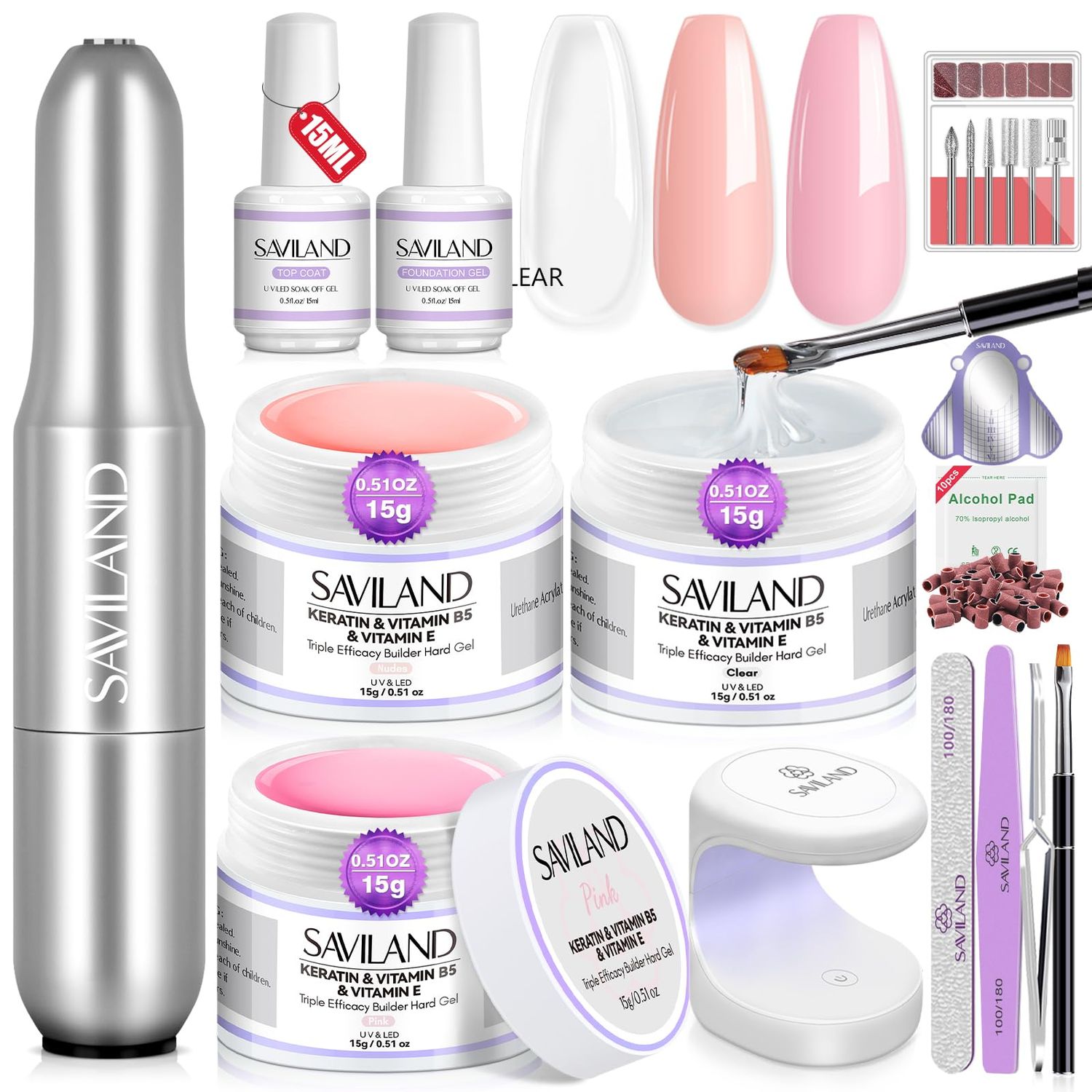 SAVILAND Builder Nail Gel Set with Nail Drill - 3 Pcs Hard Gels(VE&amp;VB5&amp;Kerain) Clear Pink Nudes Builder Nails Gel with Lamp Brush Nails Strengthener Gels for Extension Shaping DIY at Home Salon