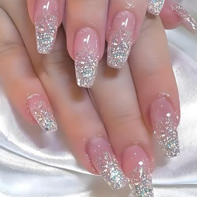 Glitter Press on Nails Coffin Long Pink False Nails With Designs Full Cover Reusable Acrylic Ballerina Artificial Glue on Nails for Women 24Pcs