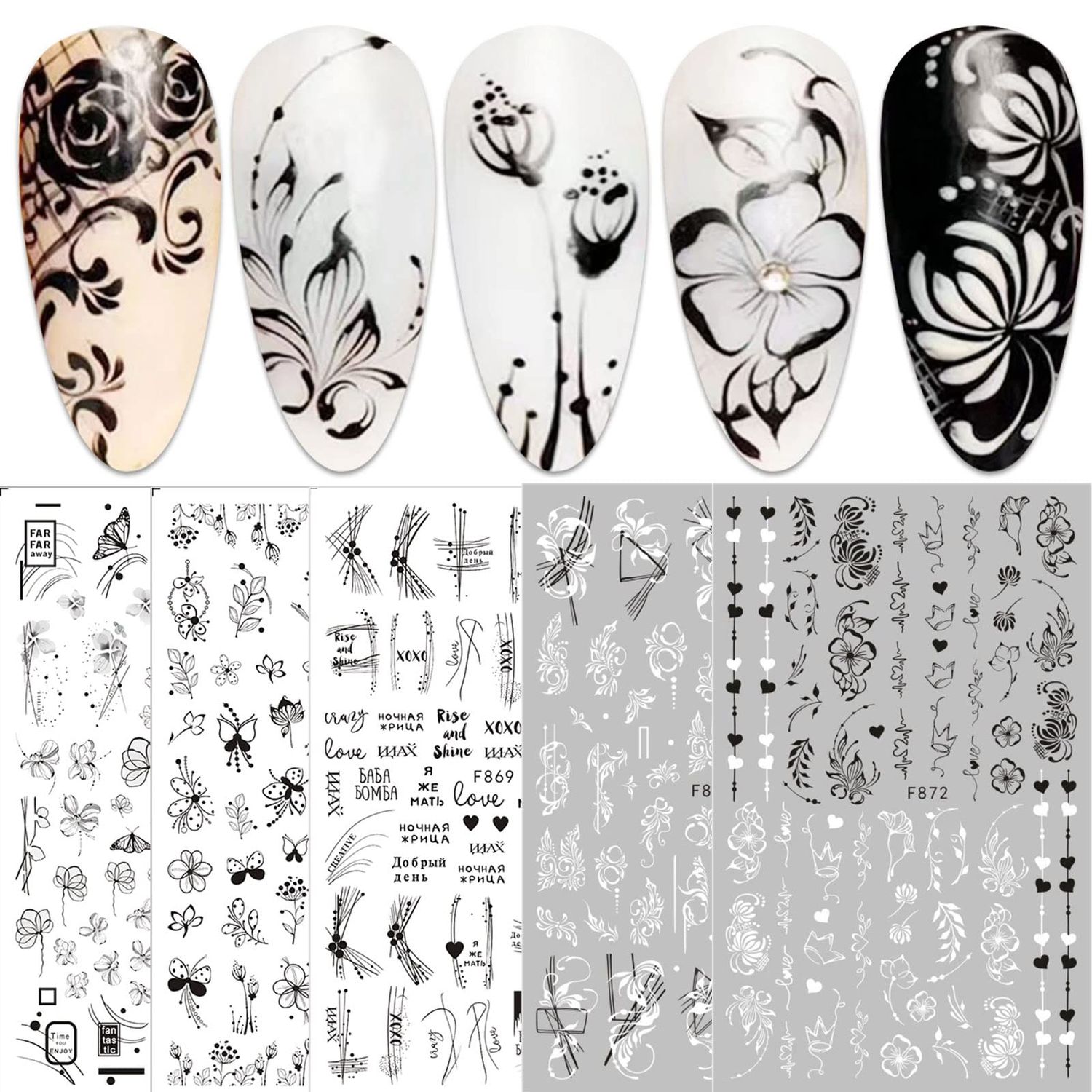 10 Sheets Flower Nail Art Stickers Decals Self-Adhesive Pegatinas Uas Spring Floral Black White Blossom Nail Supplies Nail Art Design Decoration Accessories