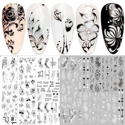 10 Sheets Flower Nail Art Stickers Decals Self-Adhesive Pegatinas Uas Spring Floral Black White Blossom Nail Supplies Nail Art Design Decoration Accessories