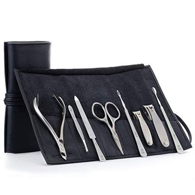 GERMANIKURE 8pc Manicure Set in Leather Case - FINOX Stainless steel tools handmade in Solingen Germany - Professional Nail and Cuticle Care