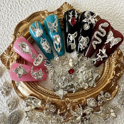 30 PCS Nail Charms Silver Nail Charms Nail Charms y2k Mix Styles Nail Gems Shiny Pearl Alloy Nail Rhinestones Flower Butterfly Heart Star Snake Rabbit Charms for Nails Art DIY Design