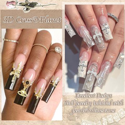 RODAKY 54PCS Cross Nail Charms Gold Cross Charms for Nails 3D Planet Nail Art Jewelry Silver Nail Charms and Gems Metal Nail Stud Rhinestones Shiny Nail Decoration for Manicure Design
