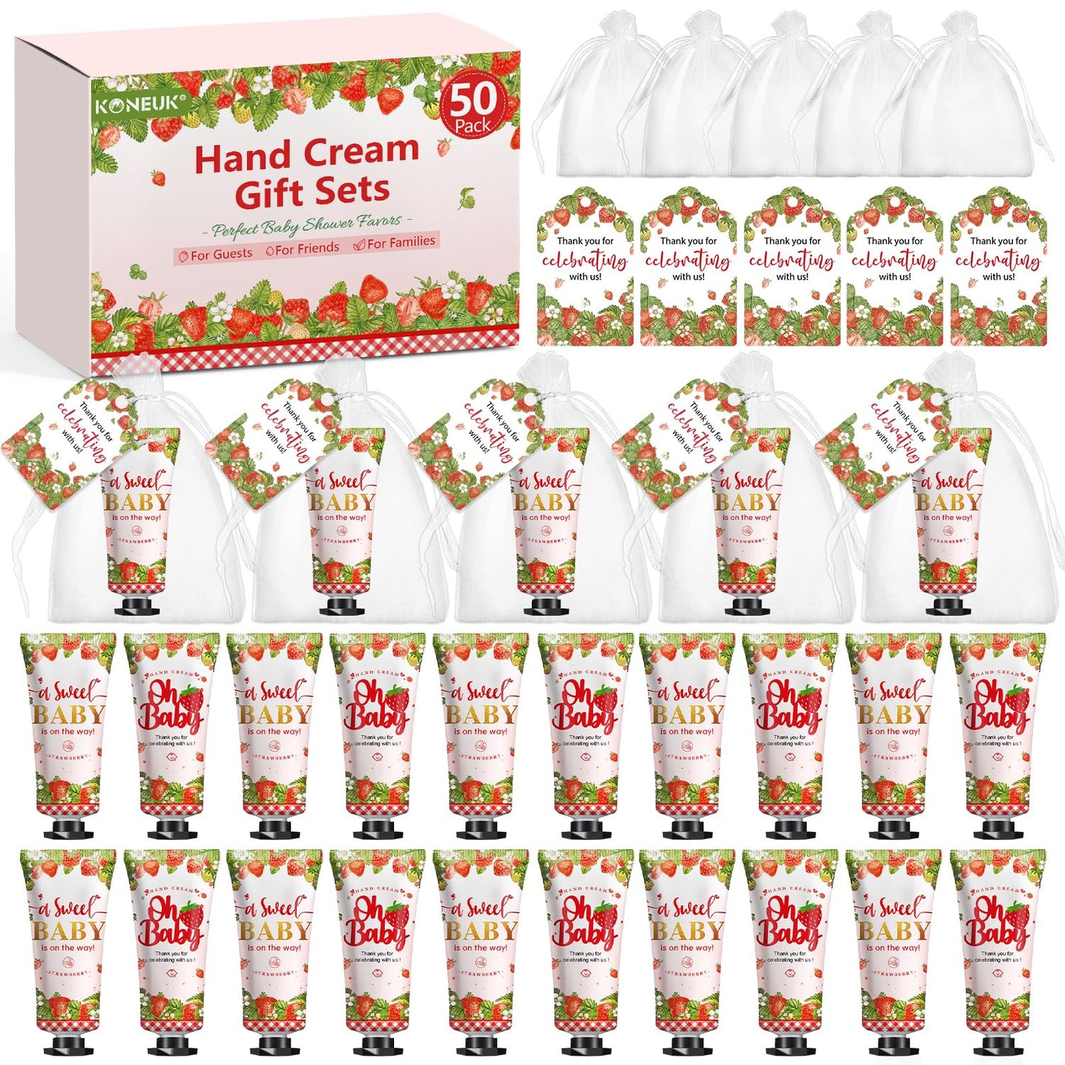 50 Pack Bulk Hand Cream Gifts Sets, Baby Shower Favors and Bridal Shower Favors for Guests with Thank You Card and Organza Gift Bags, Appreciation Gifts, Wedding Party Favors (Strawberry)