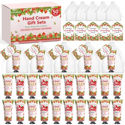 50 Pack Bulk Hand Cream Gifts Sets, Baby Shower Favors and Bridal Shower Favors for Guests with Thank You Card and Organza Gift Bags, Appreciation Gifts, Wedding Party Favors (Strawberry)