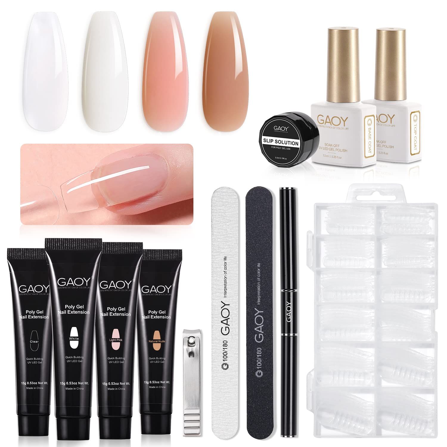 GAOY Poly Nail Extension Gel Kit of 4 Colors with Top Coat Base Coat Dual Forms and Tools Nail Enhancement All-in-One Builder Gel French Manicure Kit