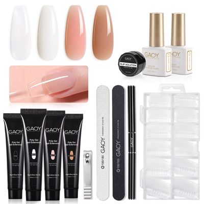 GAOY Poly Nail Extension Gel Kit of 4 Colors with Top Coat Base Coat Dual Forms and Tools Nail Enhancement All-in-One Builder Gel French Manicure Kit
