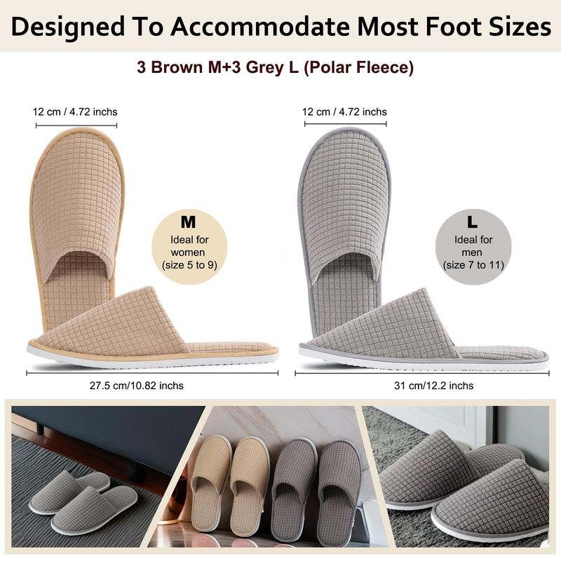 DECOUE 6 Pairs Disposable Slippers for Guest, Non Slip Spa Washable Reusable House Slippers Hotel Indoor Shower Slides for Women Men, Home,Travel(Polar Fleece)