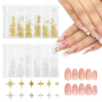400PCS 3D Gold Silver Star Nail Charms, Metallic Star Studs Nail Jewelry Rhinestones Decorations, Manicure Kit Nails Art Supplies Accessories for Women Girls Acrylic Nails