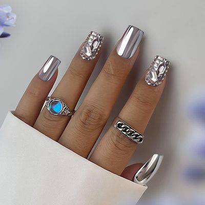 Yivaiks Bling sliver Press on Nails Square Metallic Punk Rhinestones Acrylic Nails Press On Fake Nails with Glue on Silver Mirror Nails Manicure Set For Women