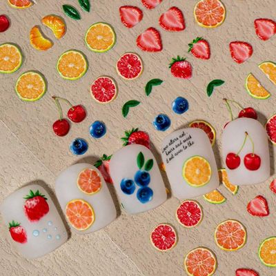 5D Embossed Fruit Nail Art Stickers Summer Fruit Nail Decals 1PCS Orange Lemon Strawberry Blueberry Summer Nails Design Adhesive Sticker Manicure Sliders Accessories for DIY Women Nail Art Decorations