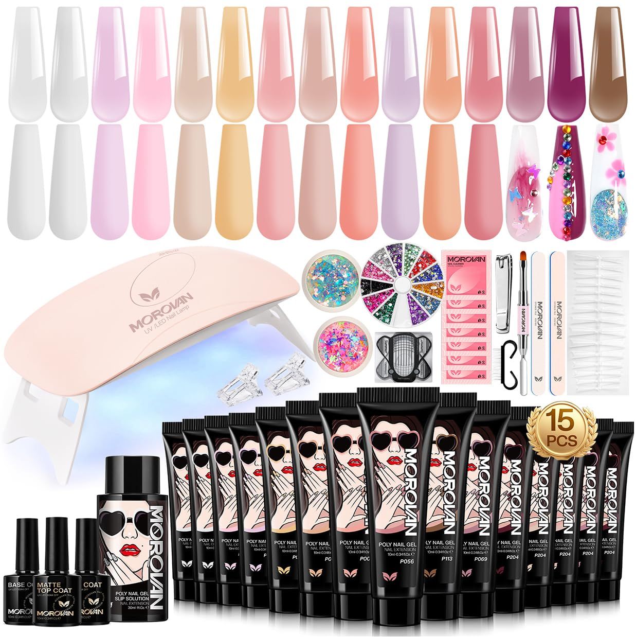 Poly Gel Nail Kit for Beginners: 15 Colors Gel Extension Nail Starter Kit with Slip Solution U V Light for Women Girls at Home DIY