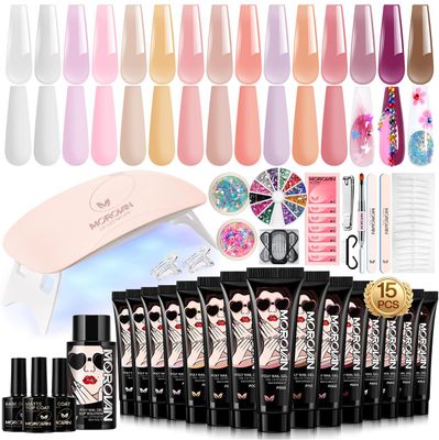 Poly Gel Nail Kit for Beginners: 15 Colors Gel Extension Nail Starter Kit with Slip Solution U V Light for Women Girls at Home DIY