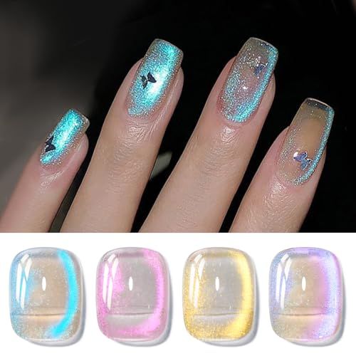 Born Pretty Cat Magnetic Eye Gel Nail Polish, Blue Tears Auroras Gel Polish, Blue Pink Yellow Purple Glassy Glitter Holographic Gel Nail Polish for Nail Art Manicure Salon DIY 4PCS 5ML