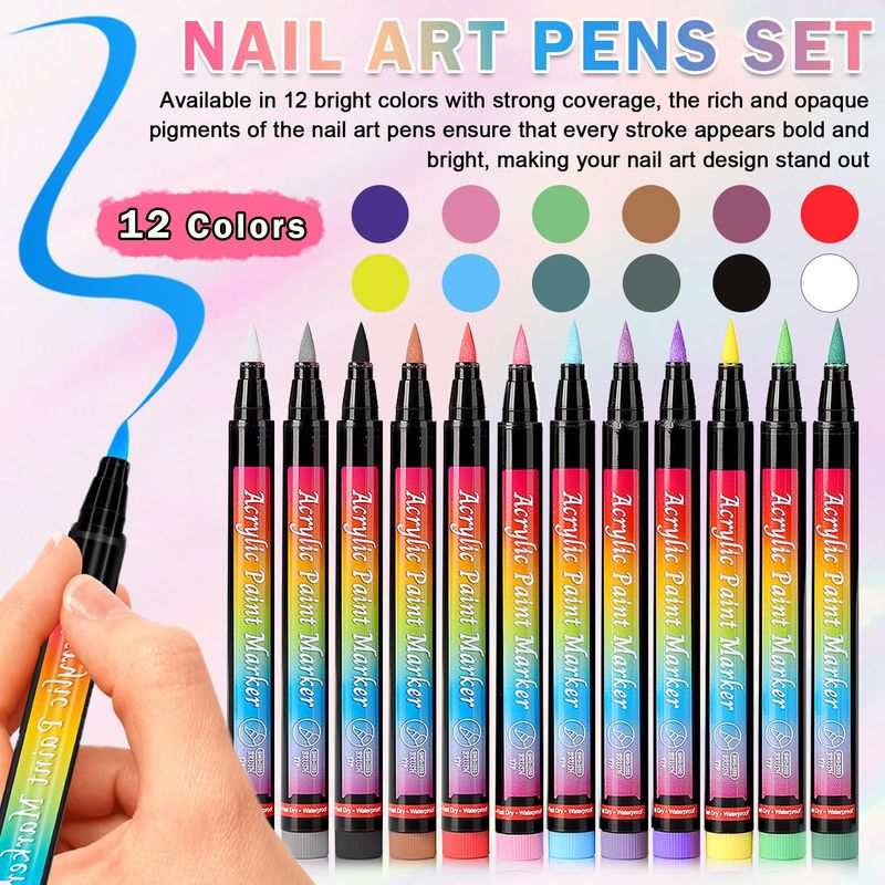 AOAZXBB 12 Colors Nail Art Pens Set Nail Polish Pens,Quick Drying Nail Art Painting Pens Acrylic Paint Nail Art Markers for Home &amp; Salon DIY