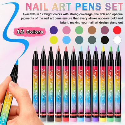 AOAZXBB 12 Colors Nail Art Pens Set Nail Polish Pens,Quick Drying Nail Art Painting Pens Acrylic Paint Nail Art Markers for Home &amp; Salon DIY