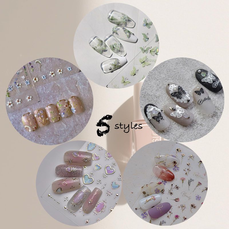 picksweet Flower Nail Stickers for Nail Art Decals Charms,5D Embossed Floral Butterfly and Heart Gem, Self-Adhesive 5 Styles Craft Nail Supplies 2 Sheets with Tweezers Kit for Women Decoration