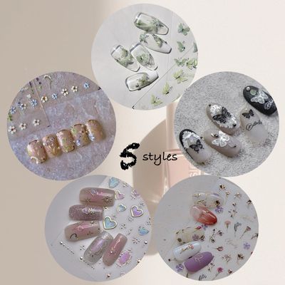 picksweet Flower Nail Stickers for Nail Art Decals Charms,5D Embossed Floral Butterfly and Heart Gem, Self-Adhesive 5 Styles Craft Nail Supplies 2 Sheets with Tweezers Kit for Women Decoration