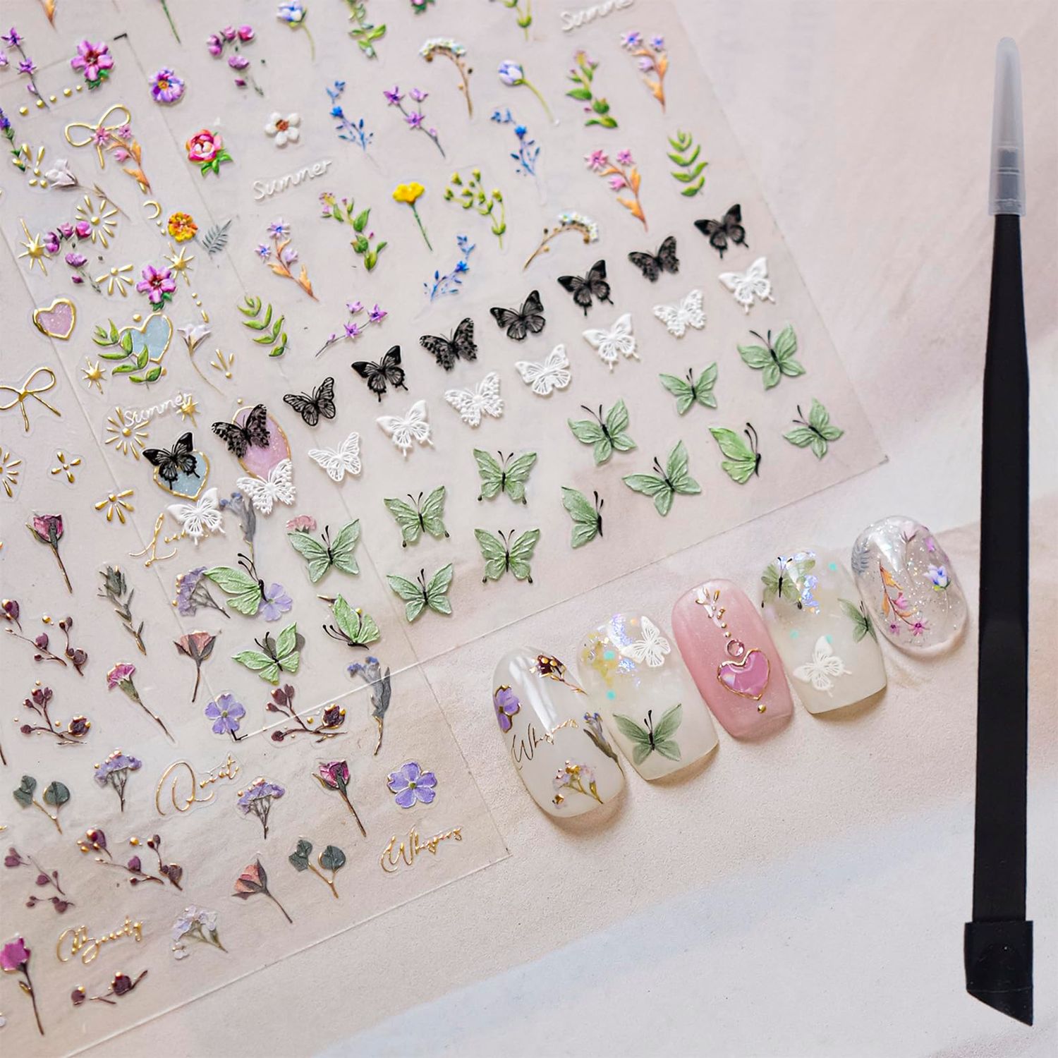 picksweet Flower Nail Stickers for Nail Art Decals Charms,5D Embossed Floral Butterfly and Heart Gem, Self-Adhesive 5 Styles Craft Nail Supplies 2 Sheets with Tweezers Kit for Women Decoration