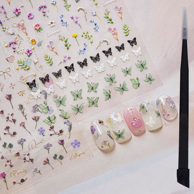 picksweet Flower Nail Stickers for Nail Art Decals Charms,5D Embossed Floral Butterfly and Heart Gem, Self-Adhesive 5 Styles Craft Nail Supplies 2 Sheets with Tweezers Kit for Women Decoration