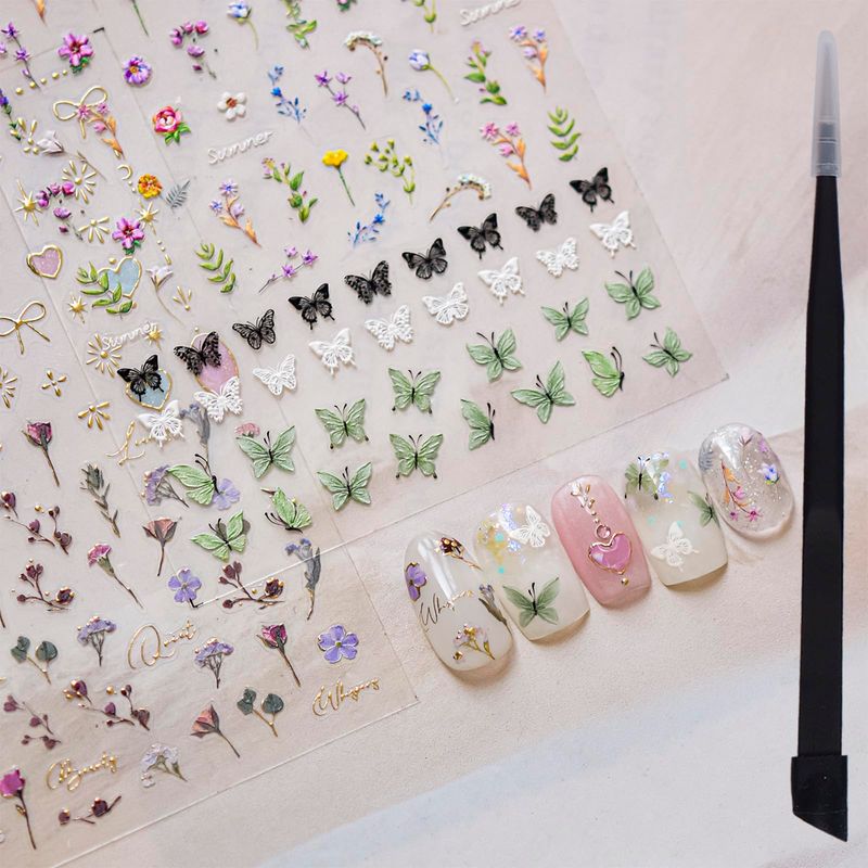 picksweet Flower Nail Stickers for Nail Art Decals Charms,5D Embossed Floral Butterfly and Heart Gem, Self-Adhesive 5 Styles Craft Nail Supplies 2 Sheets with Tweezers Kit for Women Decoration