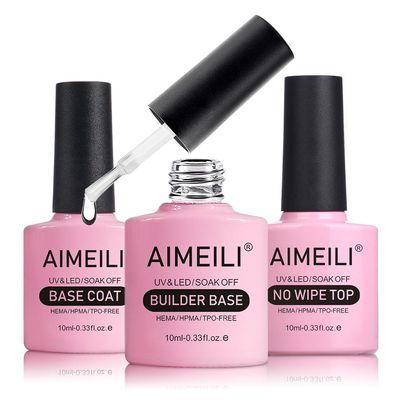 AIMEILI Builder Nail Gel, Base Coat, and No Wipe Top Coat Kit Set 3 Pcs 10ML Soak Off U V LED Gel Nail Polish