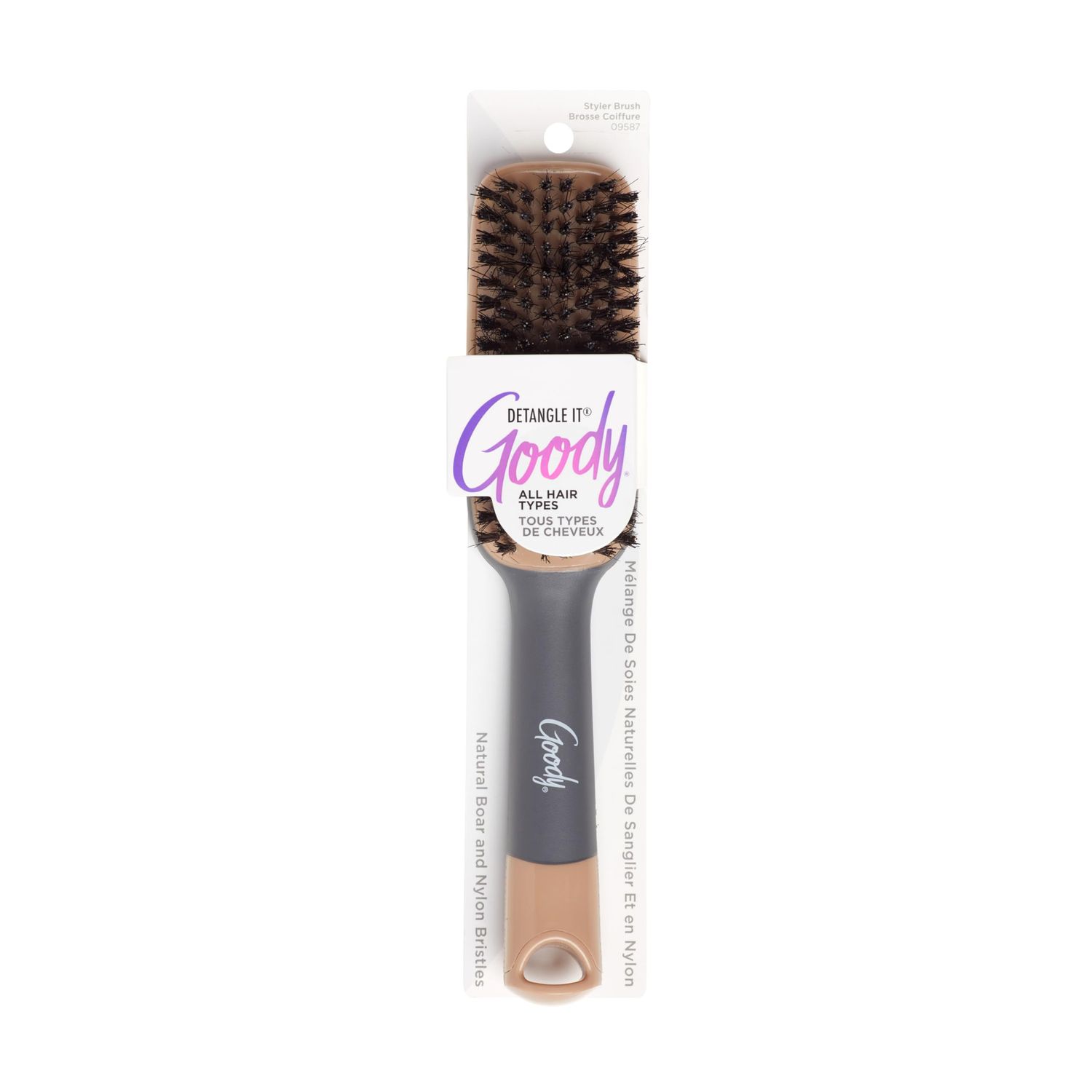Goody Detangle It Boar Bristle Hair Brush, Use as a Detangling or Styling Brush, Conditions &amp; Boosts Shine, Helps Tackle Knots &amp; Reduce Frizz, For Wet or Dry Hair, Brown/Grey