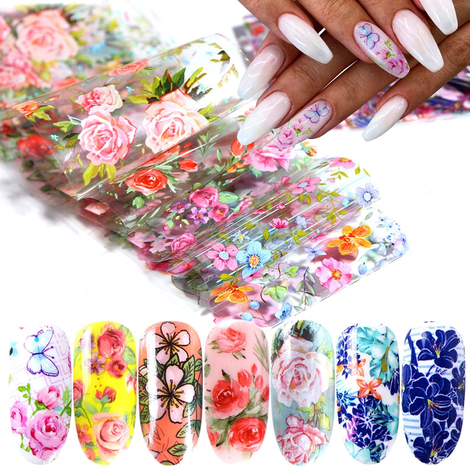 Flowers Nail Foil Transfer Stickers Colorful Floral Nail Foil Decals Designs Supplies Acrylic Nail Art Sticker for Women Manicure Tips Decorations Set Bright Colors Nail Art Film (10 Sheets