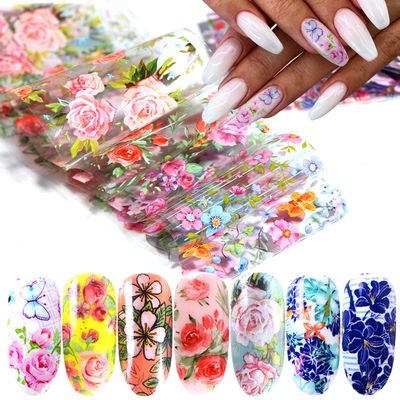 Flowers Nail Foil Transfer Stickers Colorful Floral Nail Foil Decals Designs Supplies Acrylic Nail Art Sticker for Women Manicure Tips Decorations Set Bright Colors Nail Art Film (10 Sheets