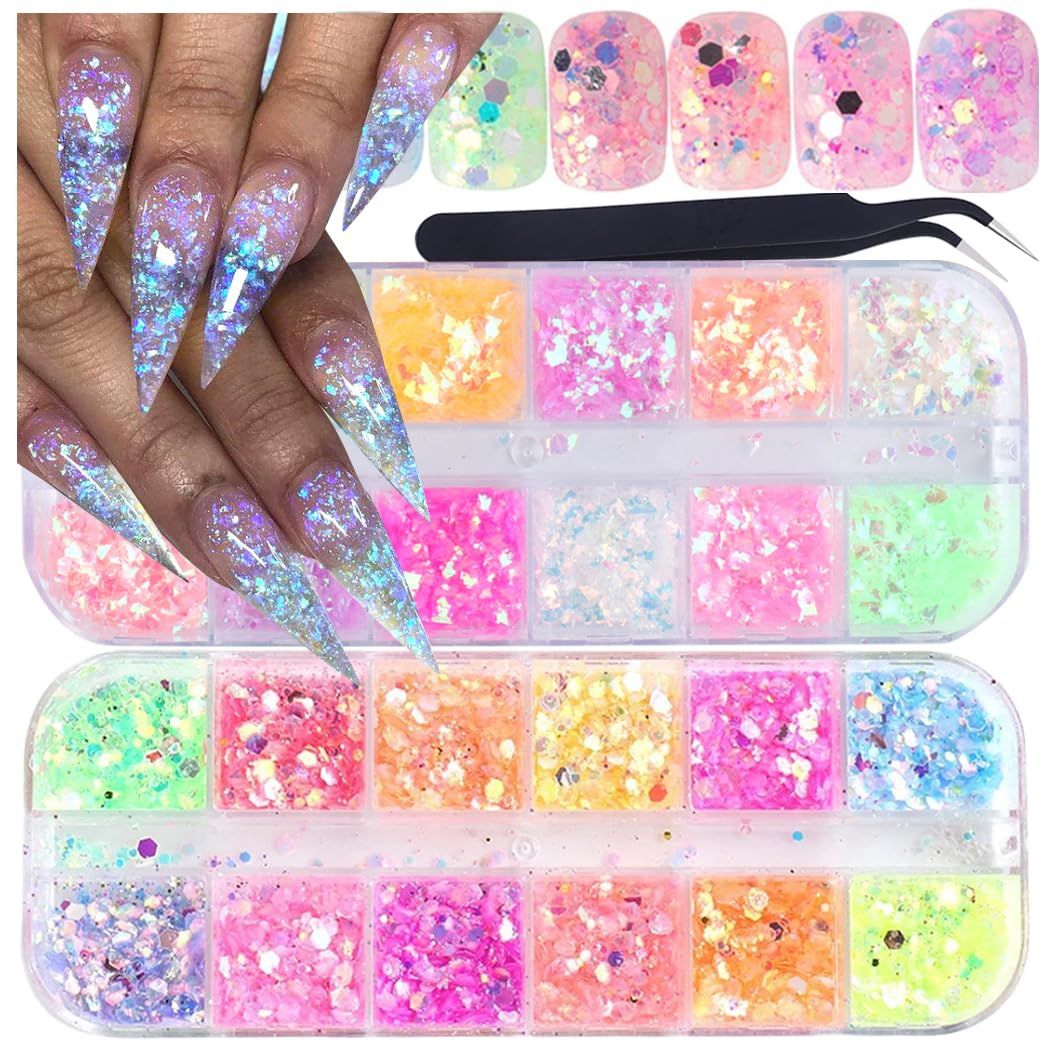UARUOGP Holographic Nail Art Glitter Iridescent Flakes Nail Foil 12 Grids and Mermaid Flake Glitter Sequins 12 Grids,Colorful Fluorescent Glass Acrylic Nails Supplies Sticker for Make Up