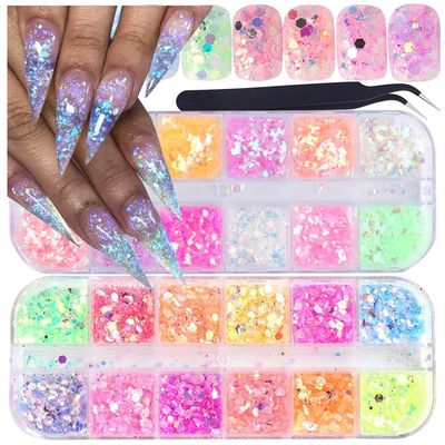 UARUOGP Holographic Nail Art Glitter Iridescent Flakes Nail Foil 12 Grids and Mermaid Flake Glitter Sequins 12 Grids,Colorful Fluorescent Glass Acrylic Nails Supplies Sticker for Make Up