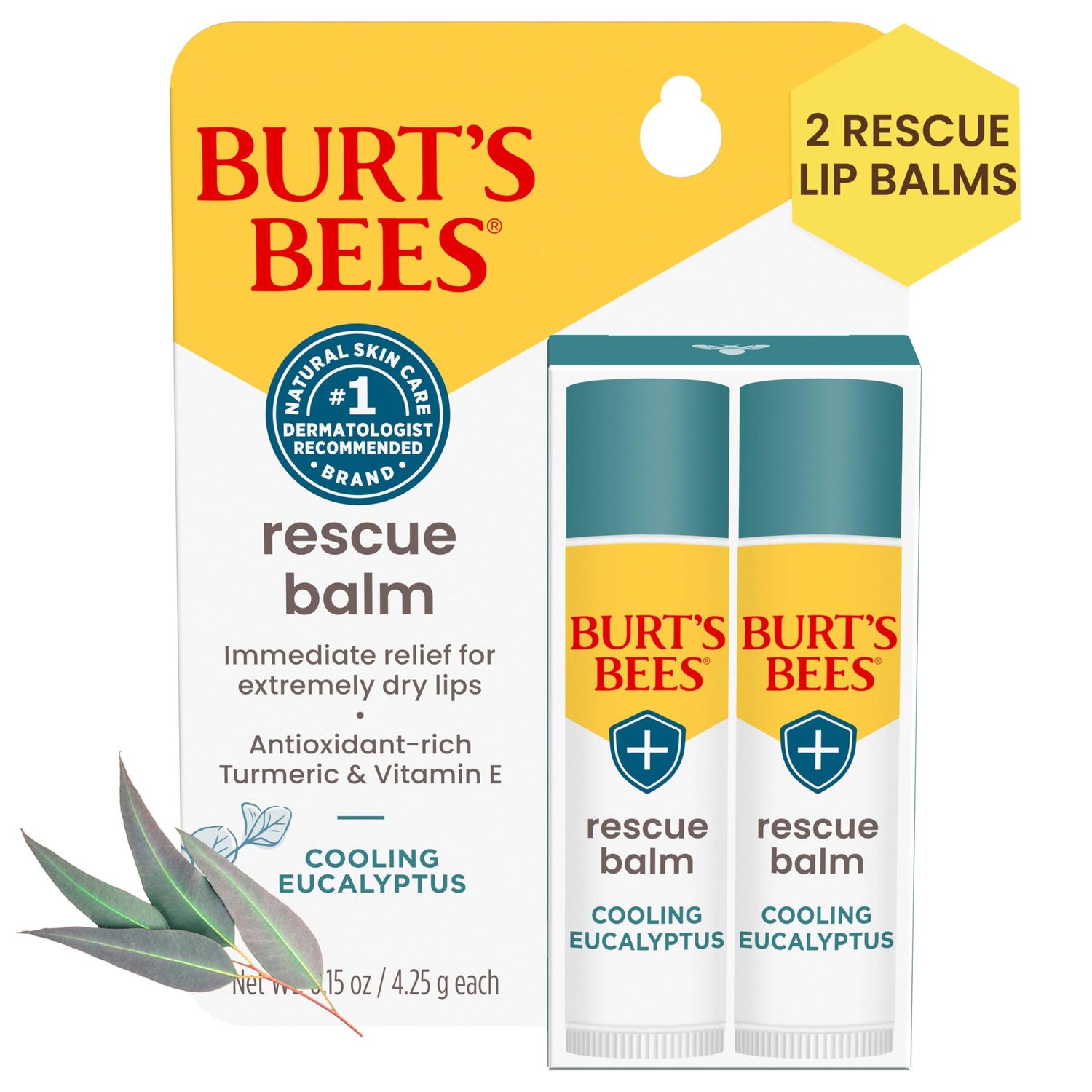 Burts Bees 100 Natural Origin Rescue Lip Balm With Beeswax and Antioxidant-Rich Turmeric Promotes Healing Of Extremely Dry Lips, Cooling Eucalyptus, 2 Tubes in Blister Box(Pack May Vary)