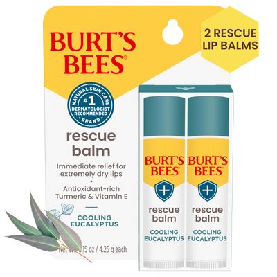 Burts Bees 100 Natural Origin Rescue Lip Balm With Beeswax and Antioxidant-Rich Turmeric Promotes Healing Of Extremely Dry Lips, Cooling Eucalyptus, 2 Tubes in Blister Box(Pack May Vary)