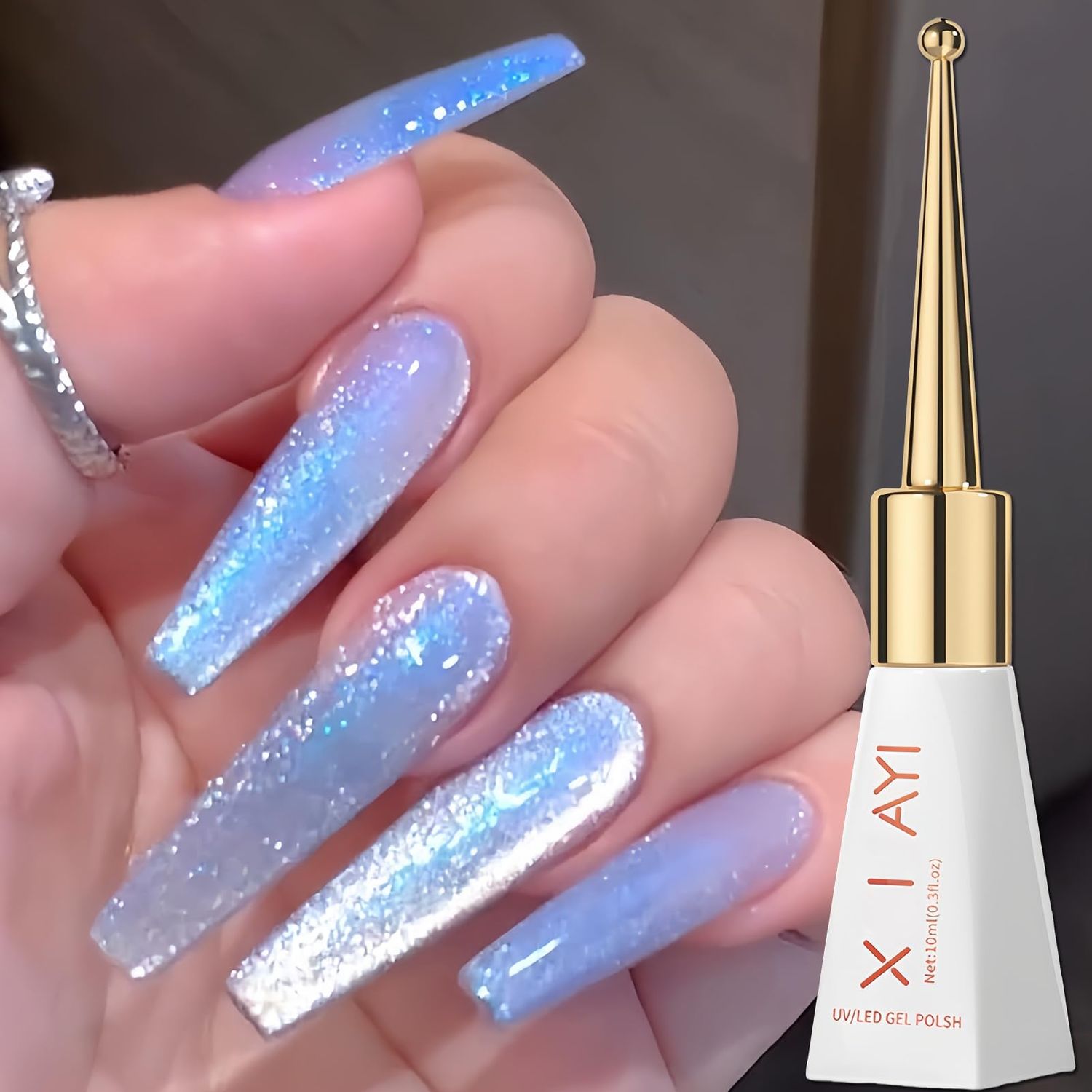 KAHSOSE Light Blue Cat Eye Gel Nail Polish, Iridescent Cateye Nail Gel Polish, Holographic Magnetic Gel Polish for Women &amp; Girls, UV Cats Eye Polish Nail, Holographic Cat Eye Gel Nail Polish