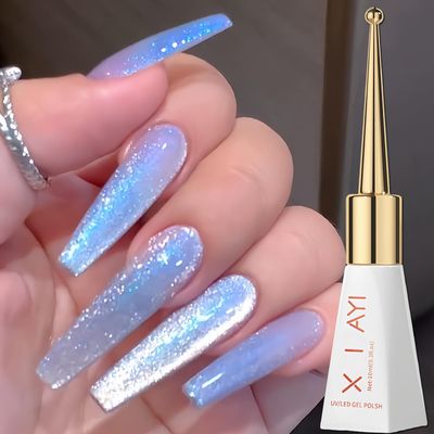 KAHSOSE Light Blue Cat Eye Gel Nail Polish, Iridescent Cateye Nail Gel Polish, Holographic Magnetic Gel Polish for Women &amp; Girls, UV Cats Eye Polish Nail, Holographic Cat Eye Gel Nail Polish