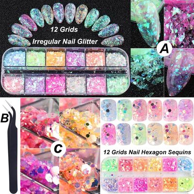 UARUOGP Holographic Nail Art Glitter Iridescent Flakes Nail Foil 12 Grids and Mermaid Flake Glitter Sequins 12 Grids,Colorful Fluorescent Glass Acrylic Nails Supplies Sticker for Make Up