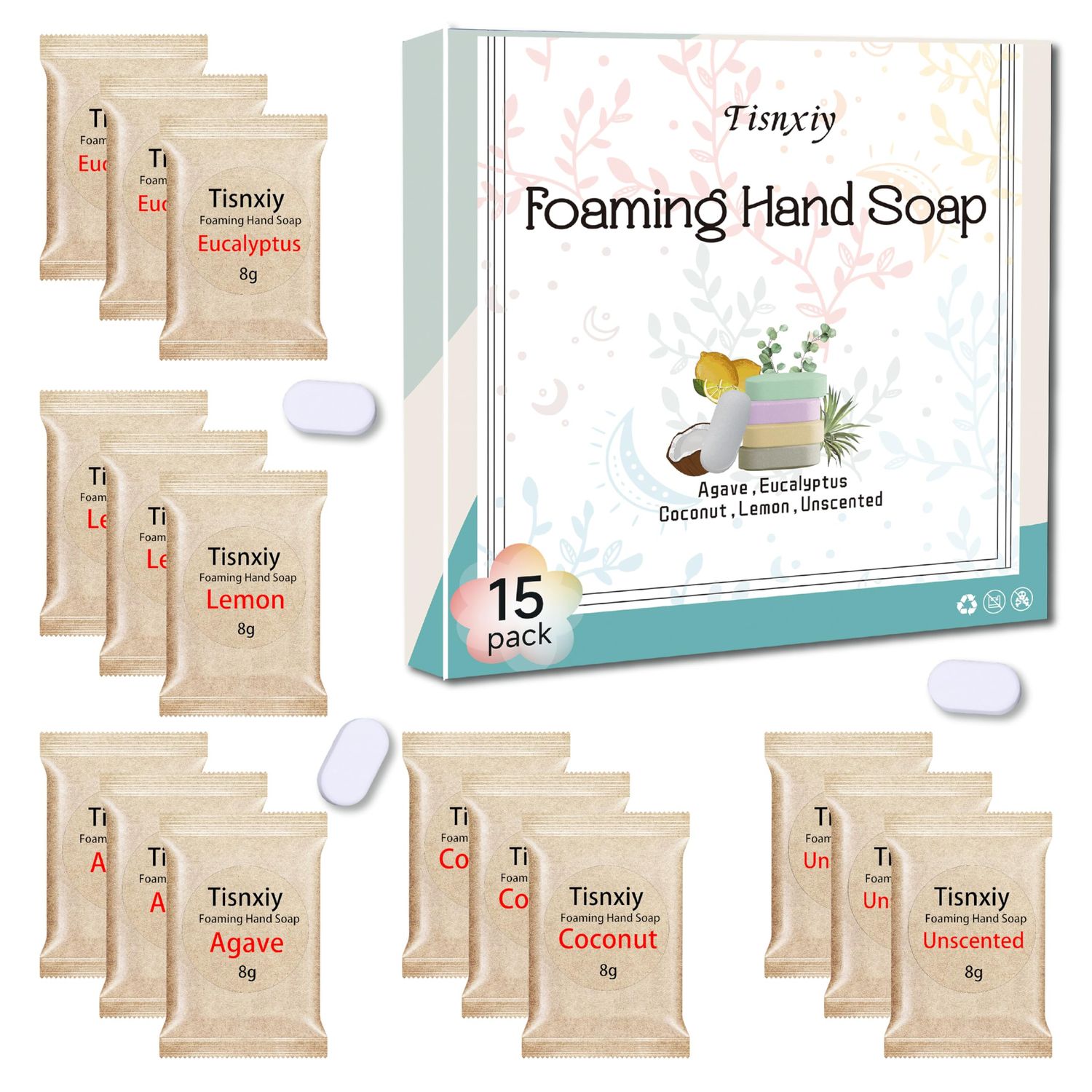 Tisnxiy Foaming Hand Soap Tablet Refills,15 pack Makes 120 fl oz Total (15x 8 fl oz),5 Scent Soap Refills Tablets,Eco Friendly Sustainable Soap Tablets for HandsVarious Pack