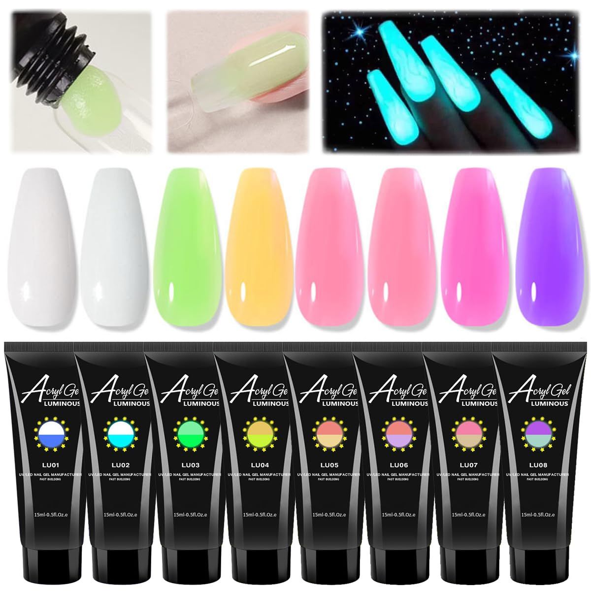 8 Colors Polygel Nail Luminous Poly Gel Nail Kit, Nail Extension Poly Gel Glow In The Dark Builder Gel for Nails Art Professional Neon Manicure Polygel Nail for Women DIY