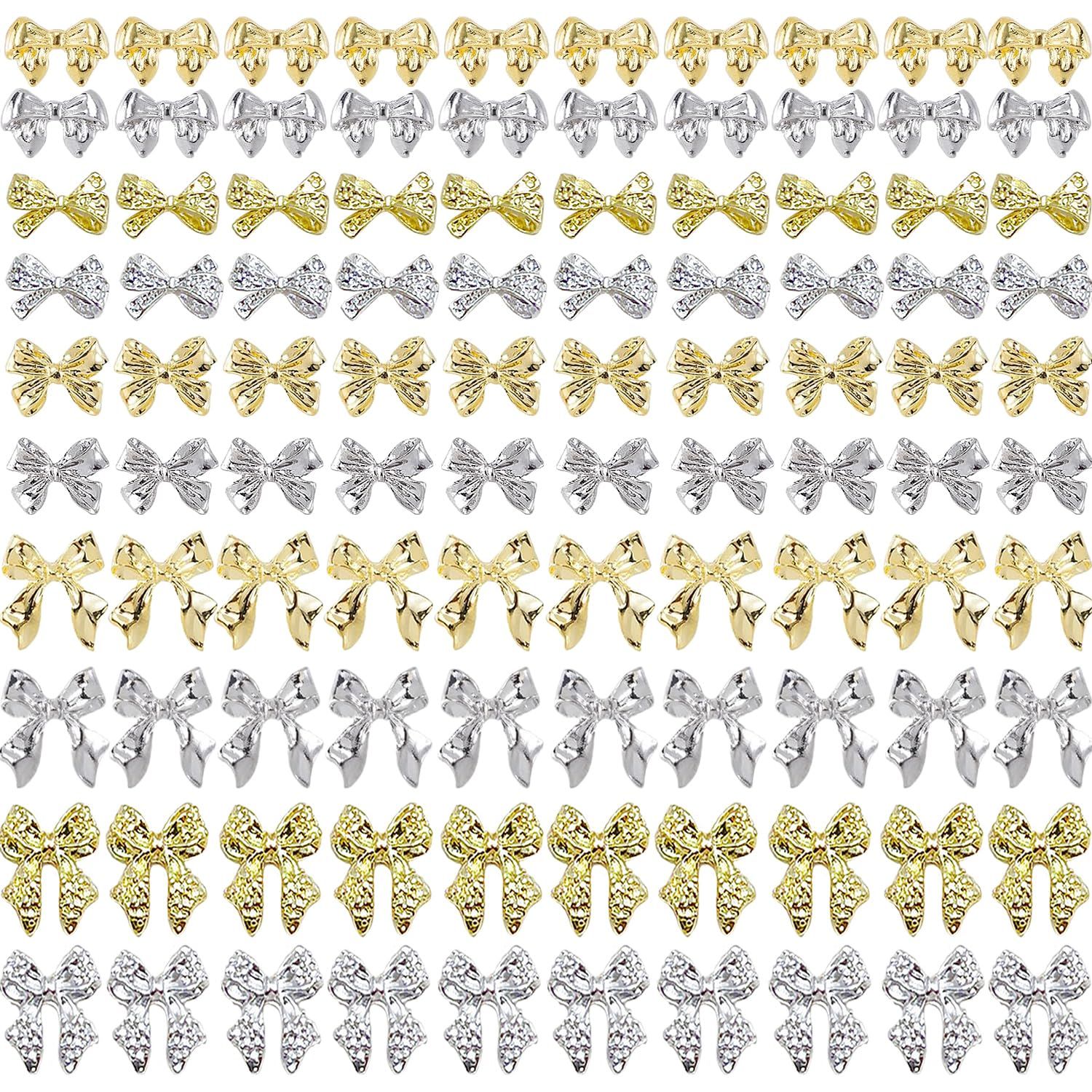 Kachimoo 100pcs Gold &amp; Silver Bow Nail Charms for Nail Art Design