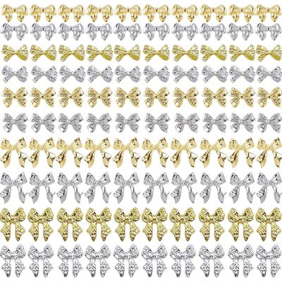 Kachimoo 100pcs Gold &amp; Silver Bow Nail Charms for Nail Art Design