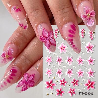 Flowers Nail Stickers, 5D Embossed Pink Small Flower Nail Decals, Spring Relief Lily Nail Art, 3D Acrylic Flowers Embossed Sliders Gold Star Cherry Blossom Manicure Decor for DIY Nail Art Decorations