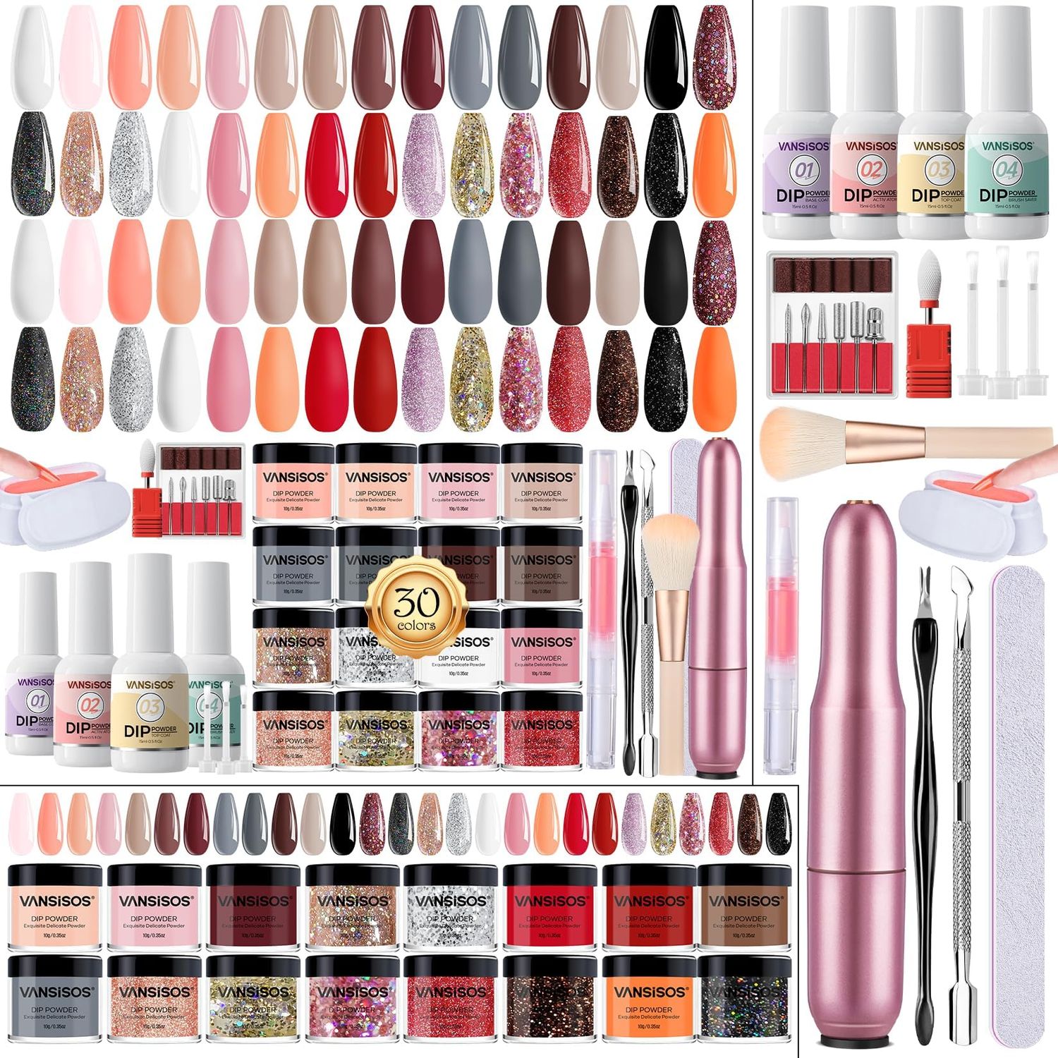 VANSISOS Dip Powder Nail Kit: 30 Colors Nude Pink Glitter Nails Dip Powder &amp; Liquids Set Base Top Coat Activator Portable Manicure Starter Kit with Nail Drill