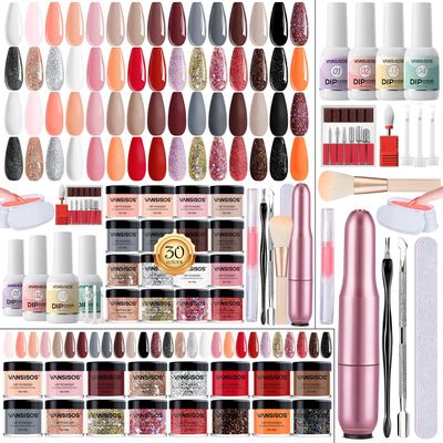 VANSISOS Dip Powder Nail Kit: 30 Colors Nude Pink Glitter Nails Dip Powder &amp; Liquids Set Base Top Coat Activator Portable Manicure Starter Kit with Nail Drill