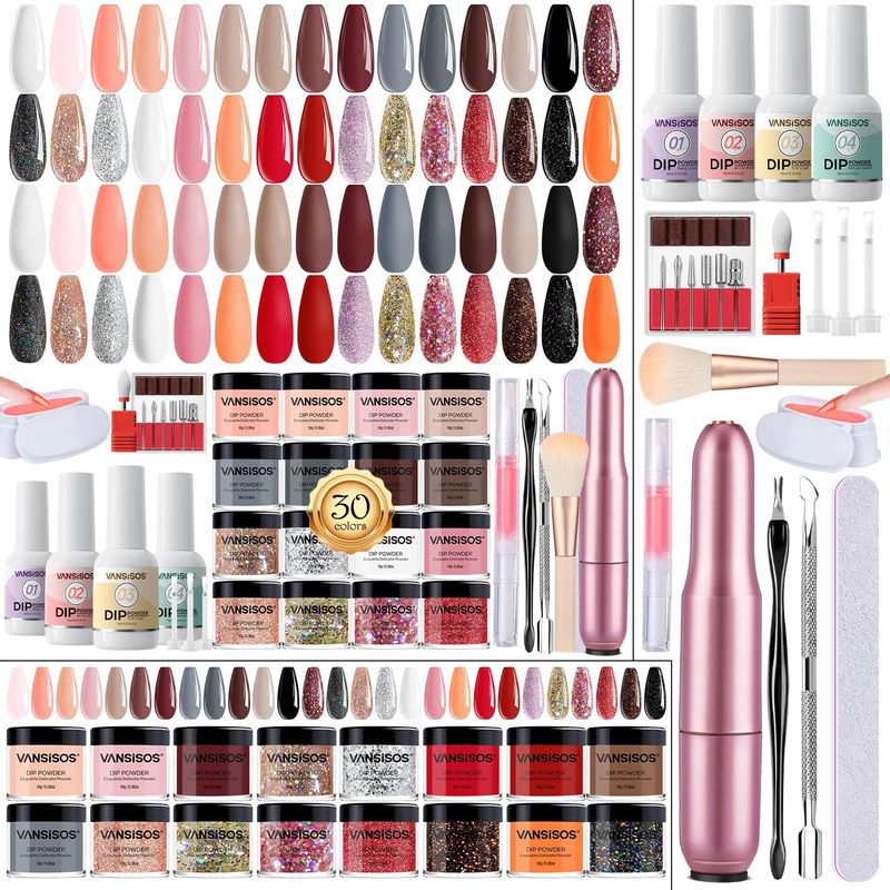 VANSISOS Dip Powder Nail Kit: 30 Colors Nude Pink Glitter Nails Dip Powder &amp; Liquids Set Base Top Coat Activator Portable Manicure Starter Kit with Nail Drill